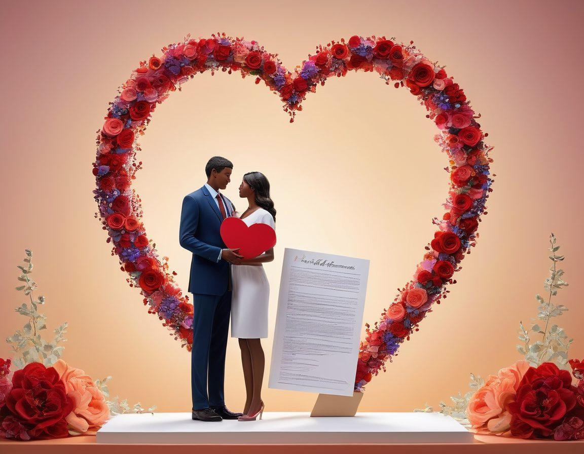 A heartfelt depiction of a couple standing together, holding a heart-shaped policy document while surrounded by symbolic icons of love, such as intertwined hearts and family silhouettes. In the background, depict a subtle balance scale representing life insurance, merging seamlessly with floral elements symbolizing growth and connection. The scene should evoke warmth and security, reflecting the intertwining of love and life insurance. super-realistic. vibrant colors. soft lighting.
