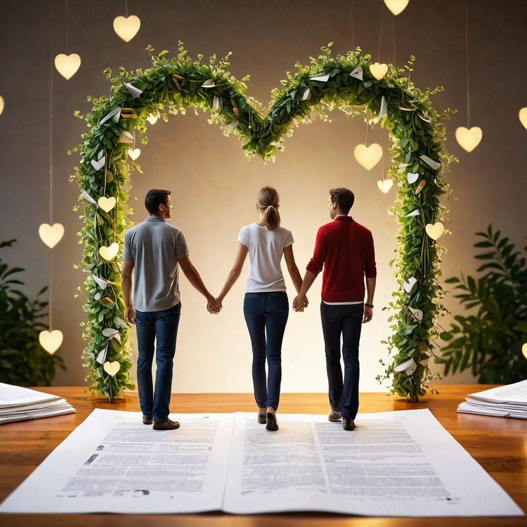 A symbolic representation of a couple holding hands, surrounded by a heart made of various insurance policy documents, illustrating a journey from dating to commitment. Soft, warm lighting to evoke feelings of love and trust, while a blend of icons like keys and rings float gently around them. The background should suggest a serene setting, perhaps a park or a cozy home, reflecting stability. super-realistic. vibrant colors.