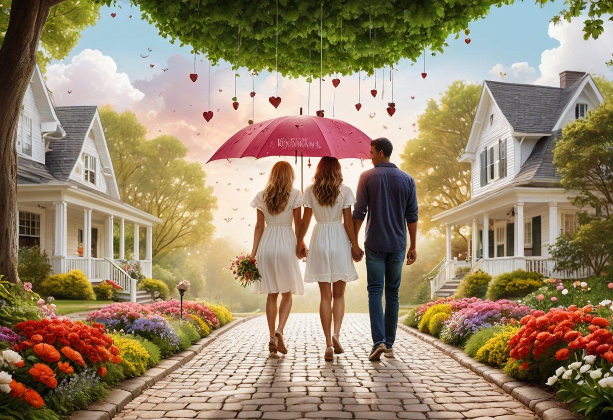 A couple joyfully navigating through life together while holding an umbrella with the word 'Insurance' printed on it, symbolizing protection. Surround them with vibrant heart-shaped clouds, representing love, and a pathway dotted with life milestones like homes and babies. The scene is set in a lush, colorful park to emphasize the journey of life and the importance of insurance. super-realistic. vibrant colors. white background.